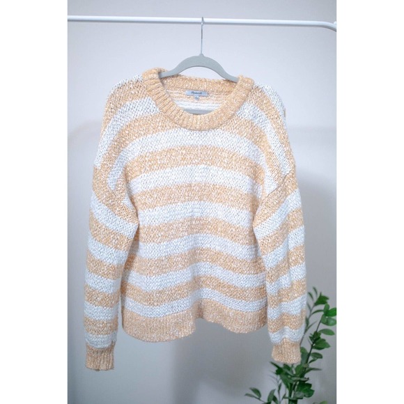 Madewell Yellow and White Striped Baez Cozy Fall Pullover Sweater Sz L - Picture 1 of 8